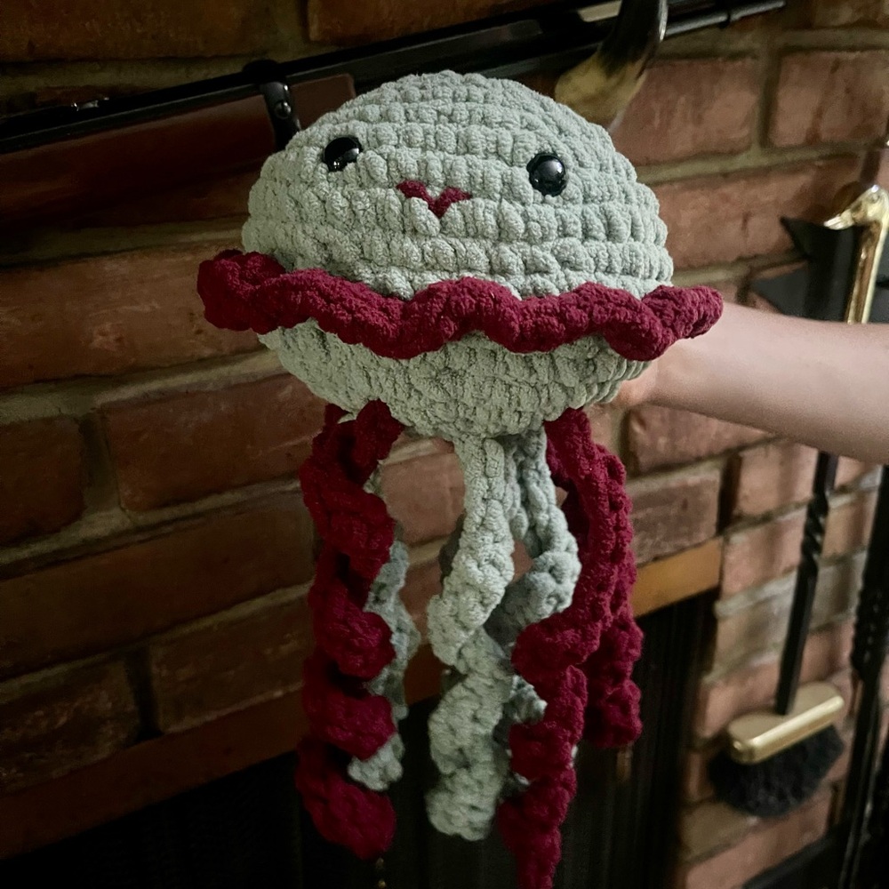 Handmade Crochet Jellyfish Plush in Sea Foam Green and Cranberry - Picture 2 of 5